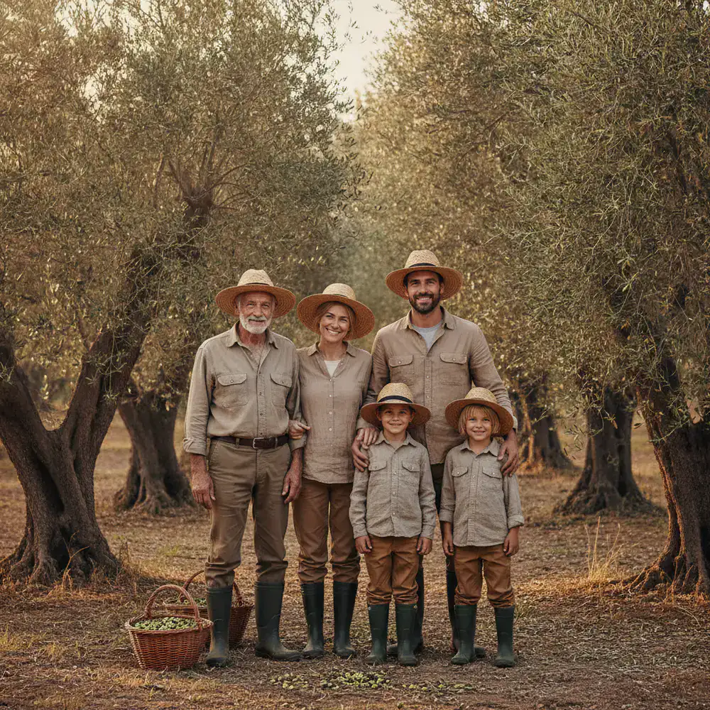 Ritratto generazionale della famiglia di agricoltori tra gli ulivi