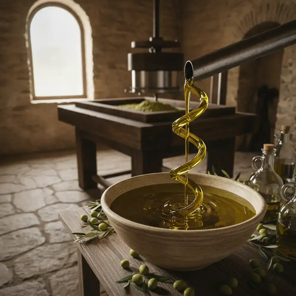 Flusso di olio extravergine dorato durante l'estrazione a freddo