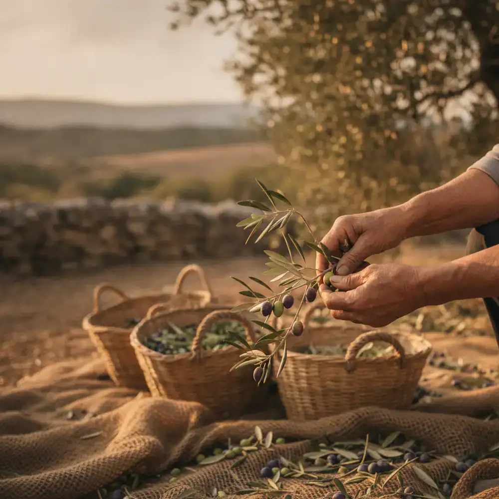 Cesta di olive appena raccolte nell'uliveto in Sicilia