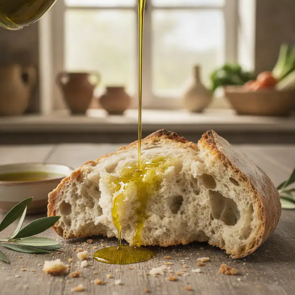 Olio extra vergine di oliva versato su pane fresco