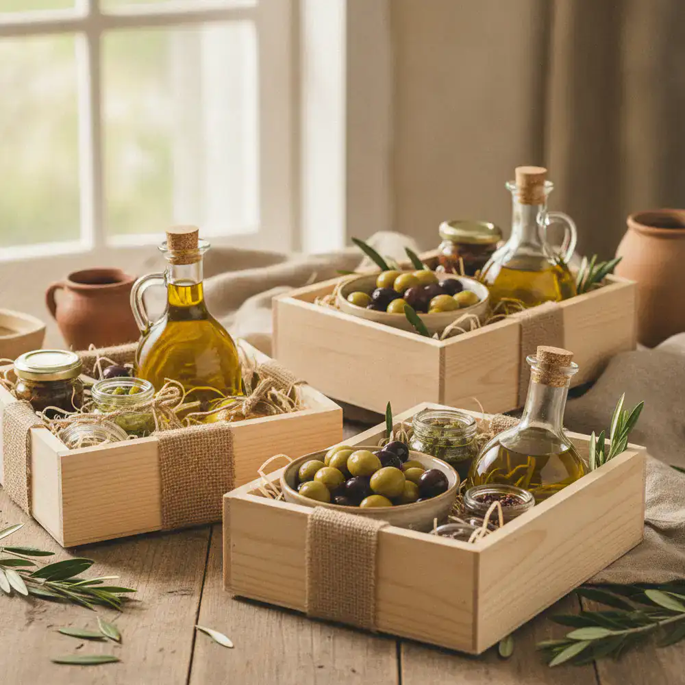 Confezioni regalo eleganti con olio e olive